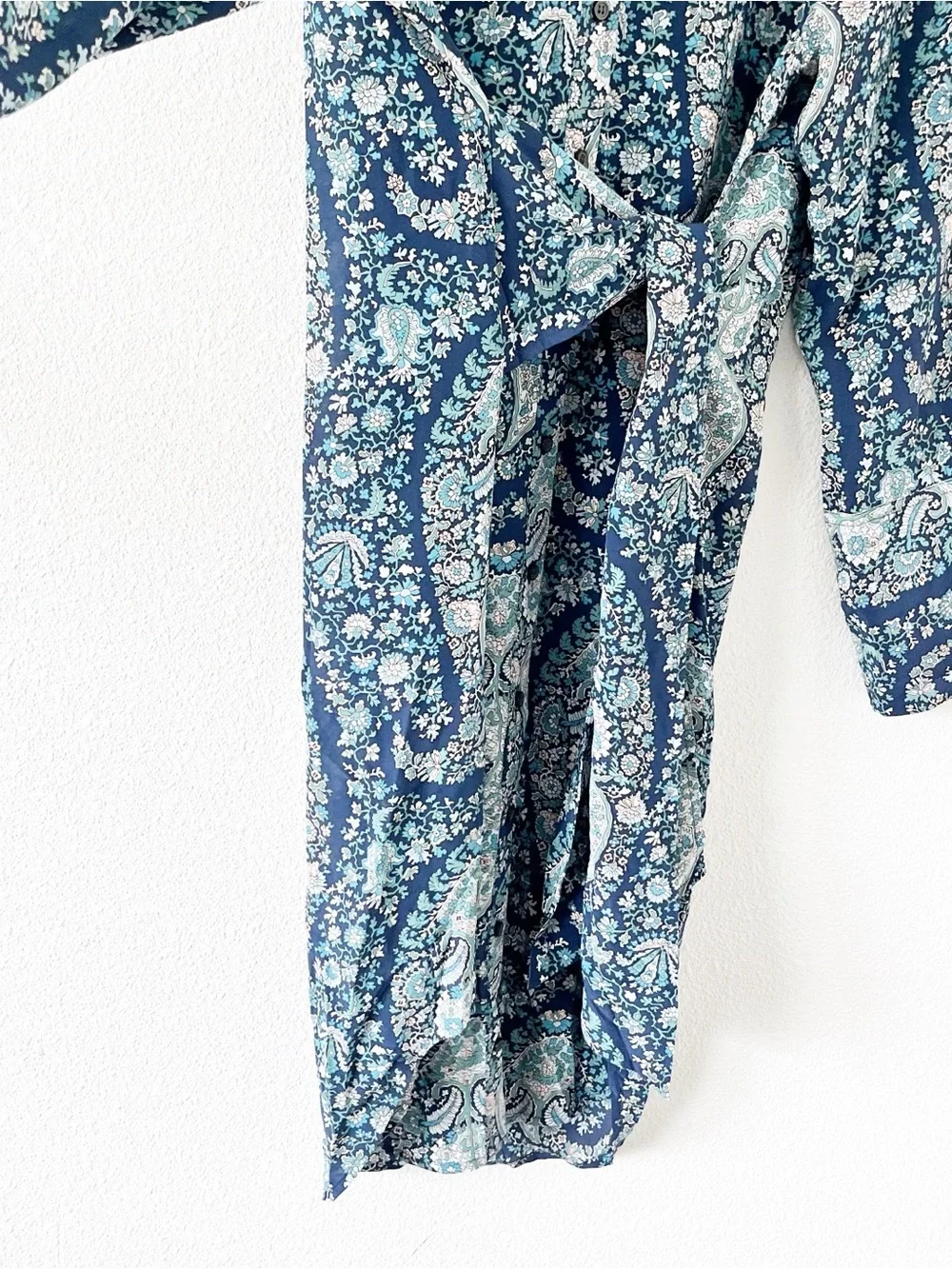 J.Crew Silk Paisley Print Tie Waist Blue Green Long Sleeve Shirt Dress